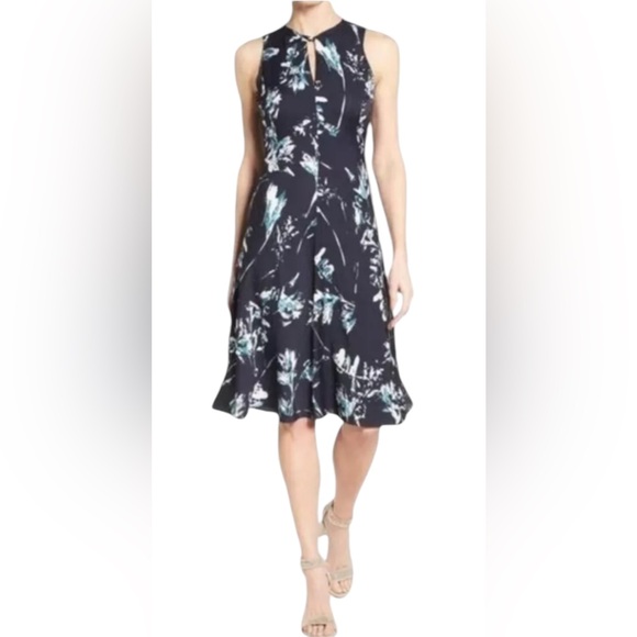 Classiques Entier Womens Navy Floral Sleeveless keyhole Silk A-line Midi dress 6 - Picture 1 of 16